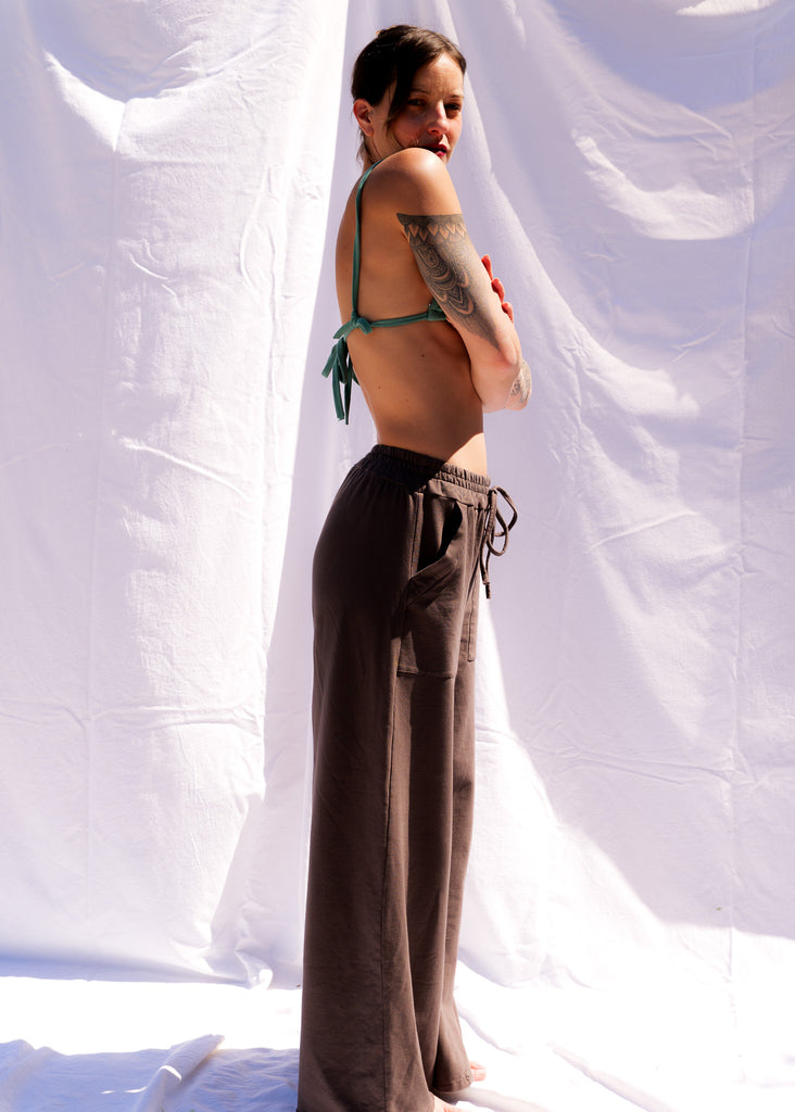 Serenity Wide Sweatpants — Brown sweatpants and green top on model — MYFASHIONFRUIT