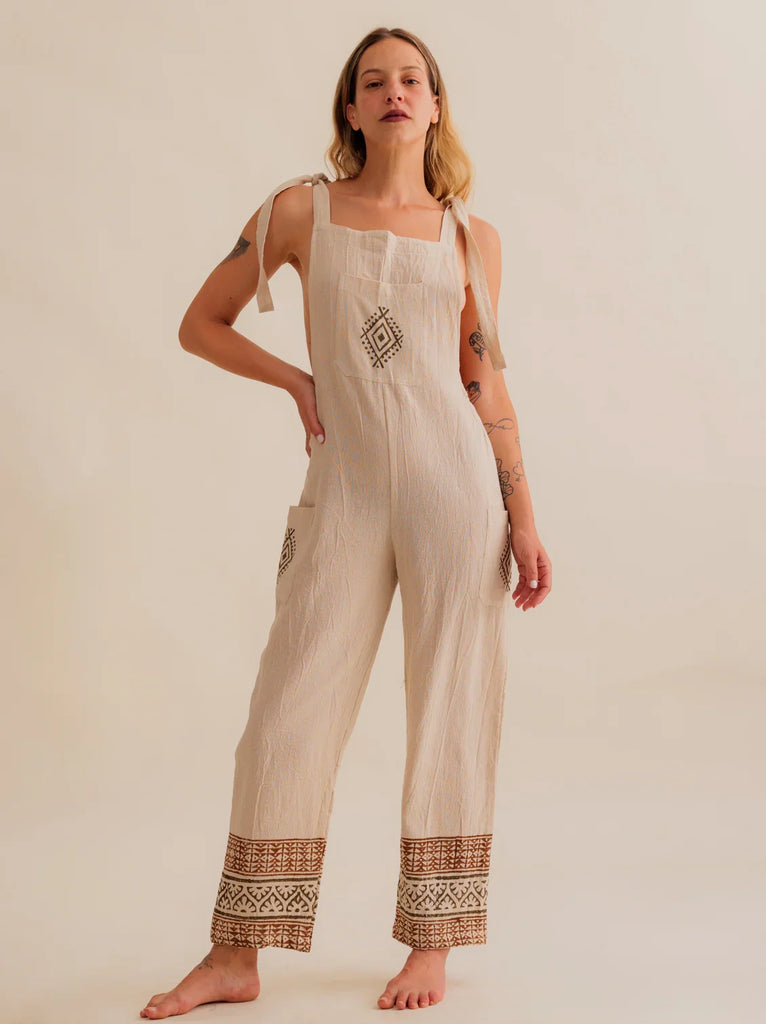 Sophia Dungarees — Beige linen dungarees with geometric details on model — MYFASHIONFRUIT