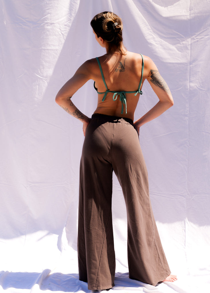 Serenity Wide Sweatpants — Brown sweatpants on model — MYFASHIONFRUIT