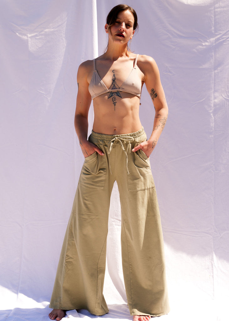 Serenity Wide Sweatpants — Olive green wide leg sweatpants on model — MYFASHIONFRUIT