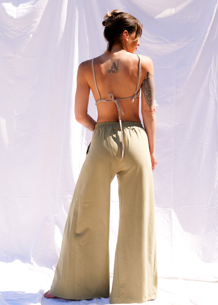 Serenity Wide Sweatpants — Olive green wide leg pants, tie top on model — MYFASHIONFRUIT