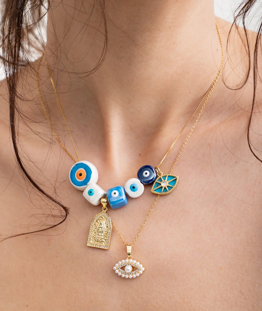 Lora Necklace — necklace charms detail on model — MYFASHIONFRUIT