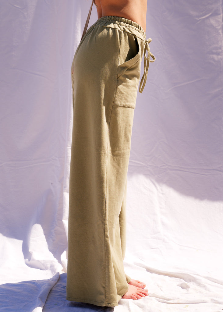 Serenity Wide Sweatpants — Olive green sweatpants on model — MYFASHIONFRUIT