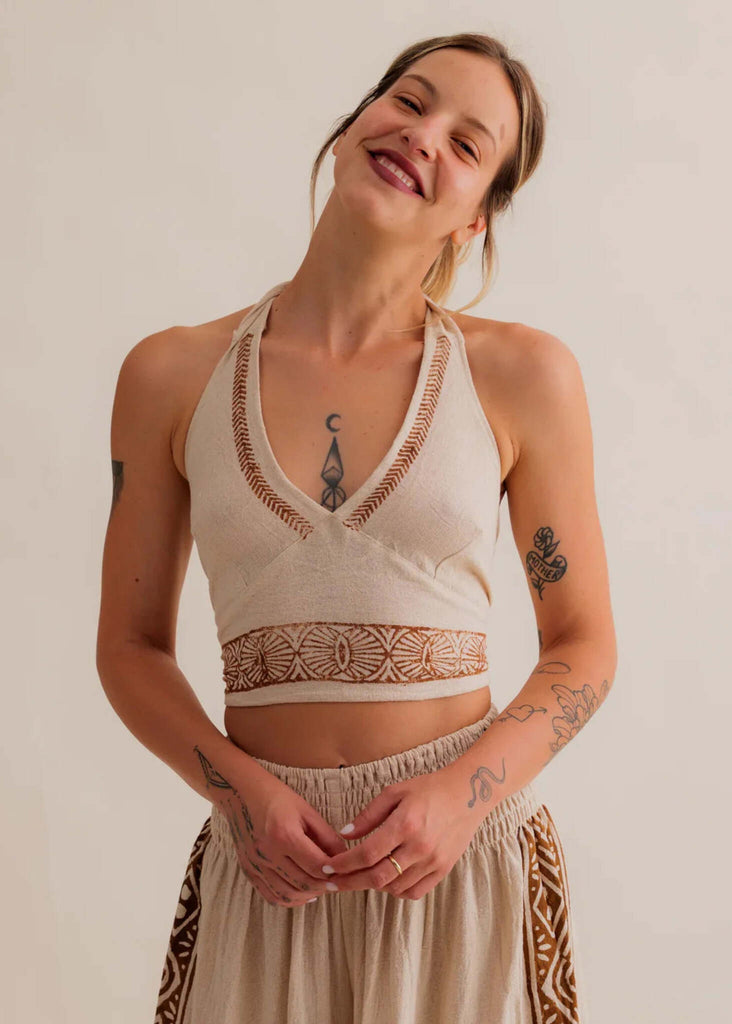 Emma Top — Beige halter top with brown embroidery, on model — MYFASHIONFRUIT