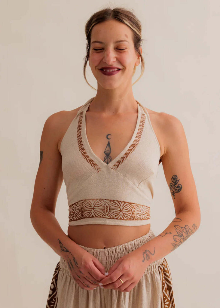 Emma Top — Beige halter top with brown details on model — MYFASHIONFRUIT