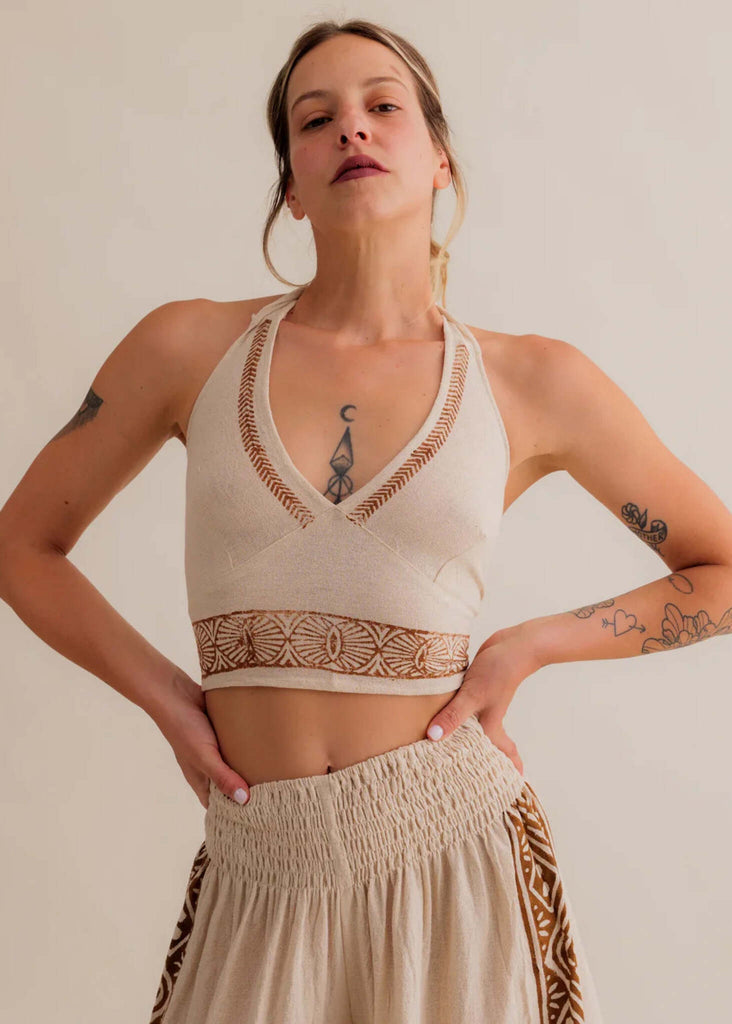 Emma Top — Cream halter top with brown details on model — MYFASHIONFRUIT
