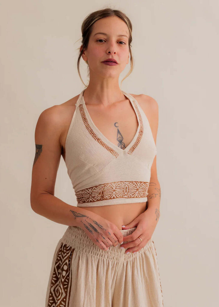 Emma Top — Beige halter top with brown details on model — MYFASHIONFRUIT