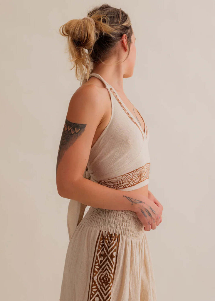 Emma Top — Cream halter top w/ brown details, on model — MYFASHIONFRUIT