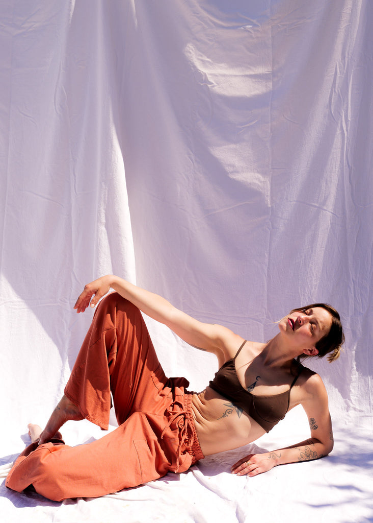 Serenity Wide Sweatpants — Orange wide leg pants on model — MYFASHIONFRUIT
