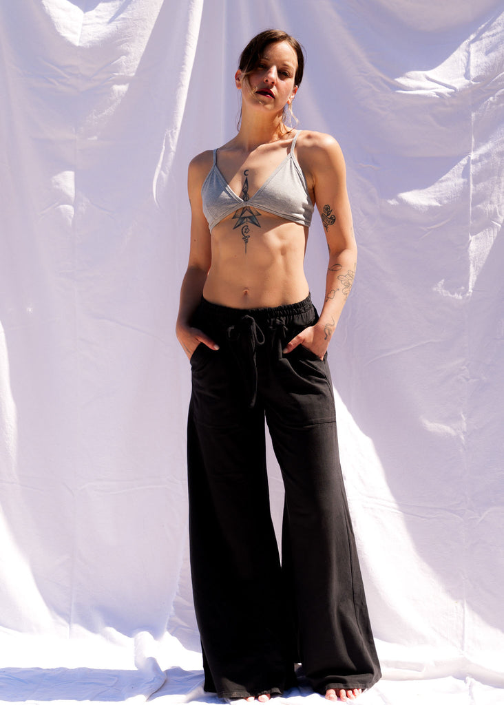Serenity Wide Sweatpants — Black wide leg sweatpants on model — MYFASHIONFRUIT