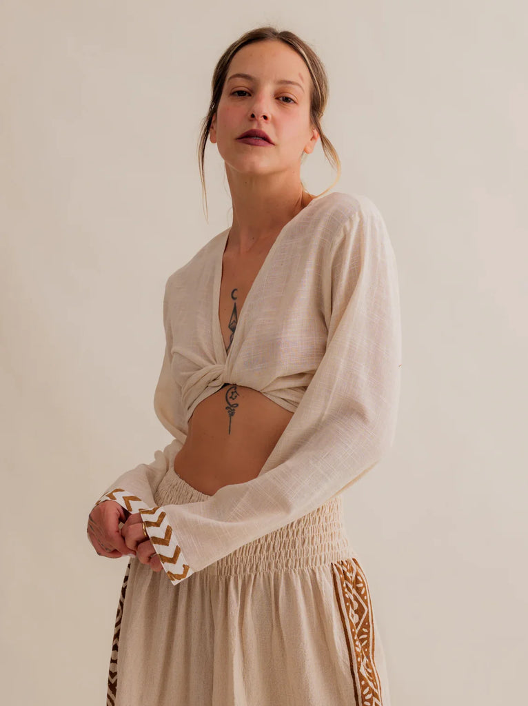 Zoe Wrap Top — Beige wrap top and skirt on model — MYFASHIONFRUIT