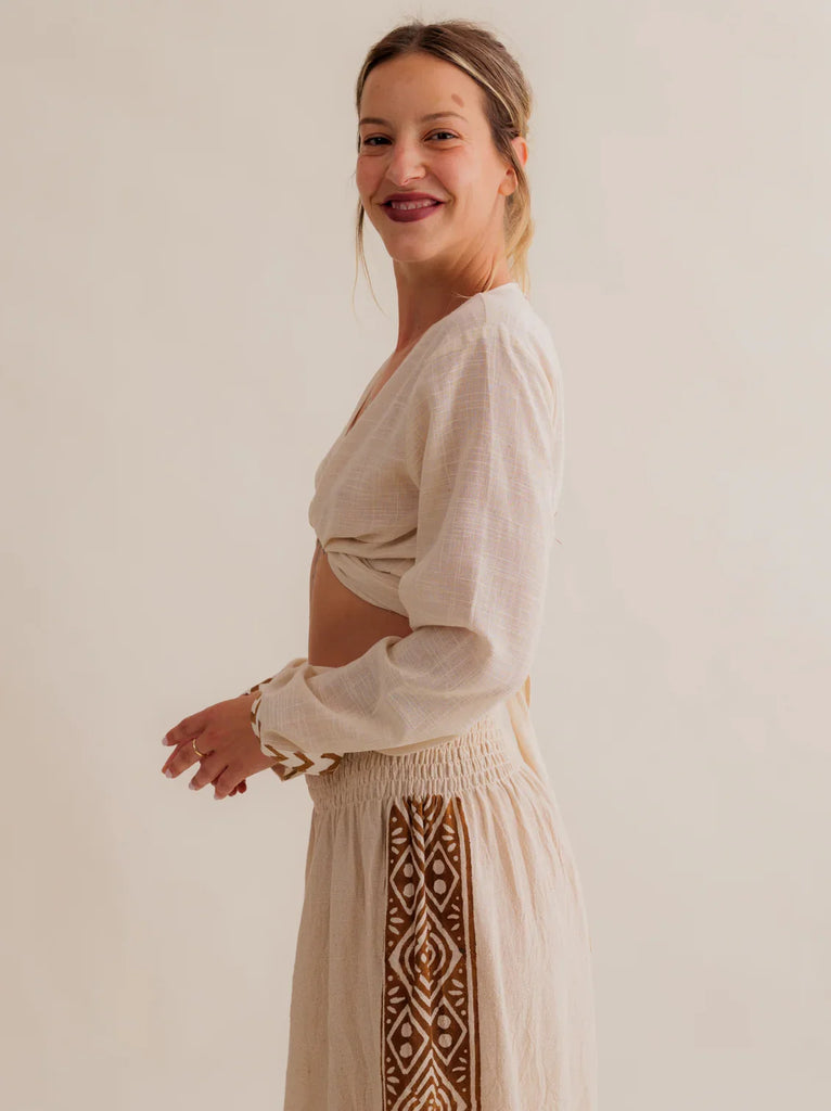 Zoe Wrap Top — Beige top with long sleeves on model — MYFASHIONFRUIT