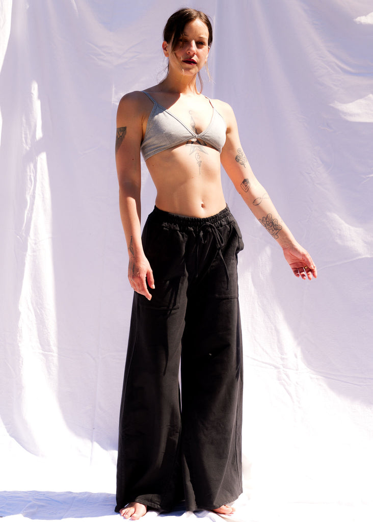 Serenity Wide Sweatpants — Black wide-leg pants & grey top on model — MYFASHIONFRUIT