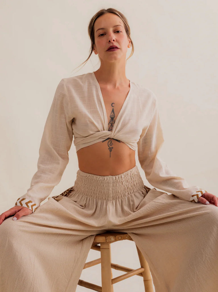 Zoe Wrap Top — Beige crop top and wide pants on model — MYFASHIONFRUIT