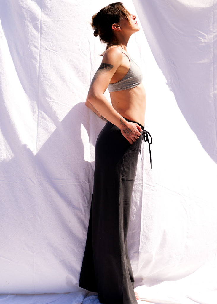 Serenity Wide Sweatpants — Black wide leg pants on model — MYFASHIONFRUIT