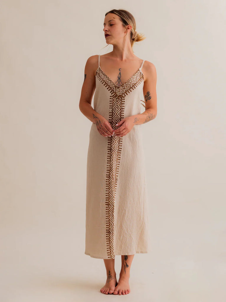Violet Dress — Beige maxi dress with brown embroidery on model — MYFASHIONFRUIT
