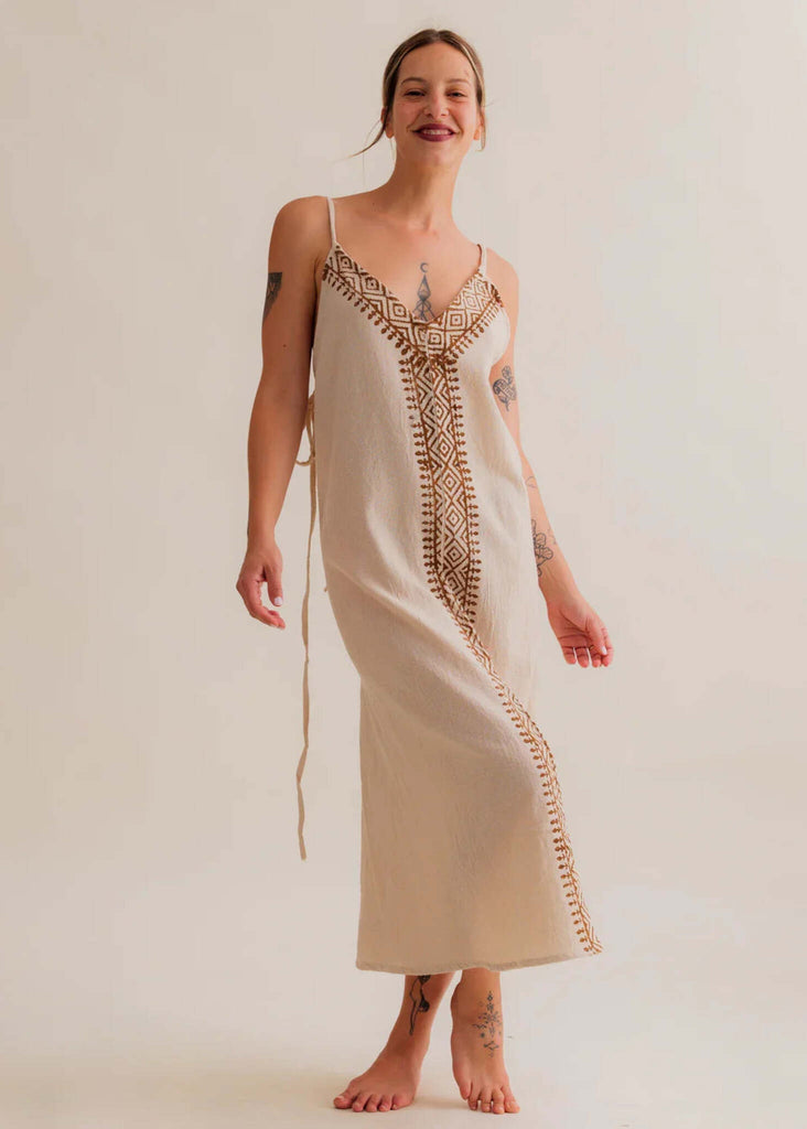 Violet Dress — Beige embroidered maxi dress on model — MYFASHIONFRUIT