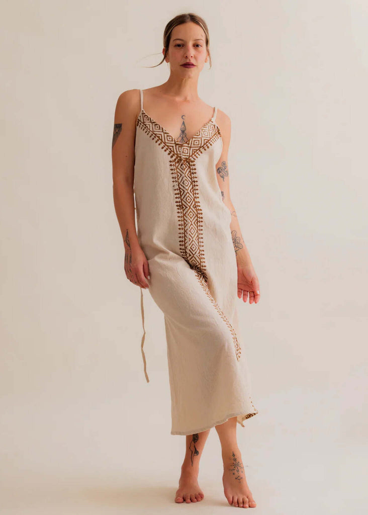 Violet Dress — Beige linen dress with brown embroidery on model — MYFASHIONFRUIT