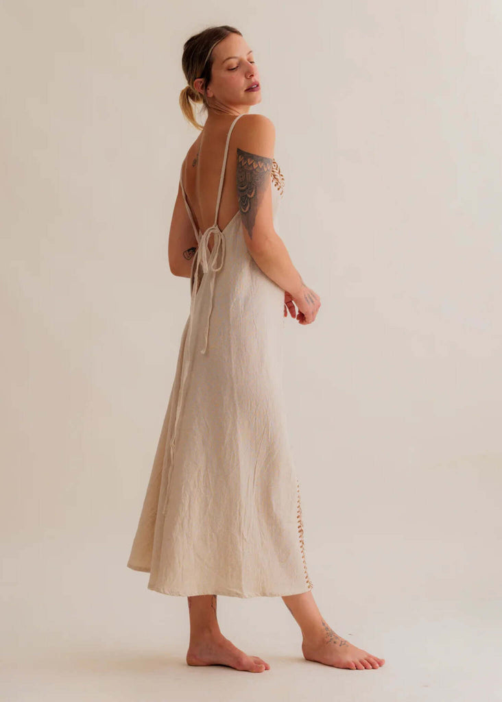Violet Dress — Beige linen maxi dress on model — MYFASHIONFRUIT