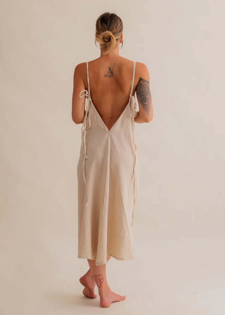 Violet Dress — Beige backless linen midi dress on model — MYFASHIONFRUIT