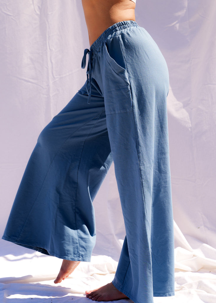 Serenity Wide Sweatpants — Blue sweatpants on model — MYFASHIONFRUIT