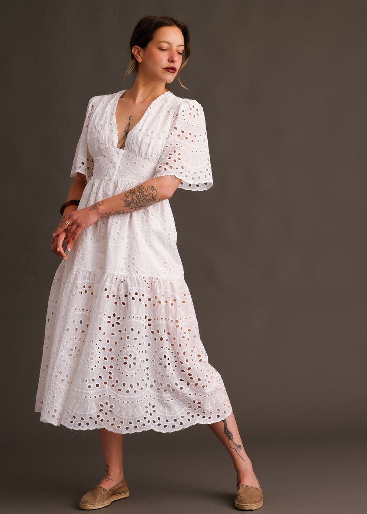 Ines Dress — White eyelet midi dress on model — MYFASHIONFRUIT