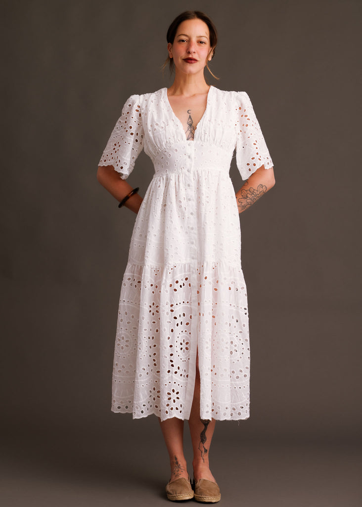 Ines Dress — White eyelet midi dress on model — MYFASHIONFRUIT