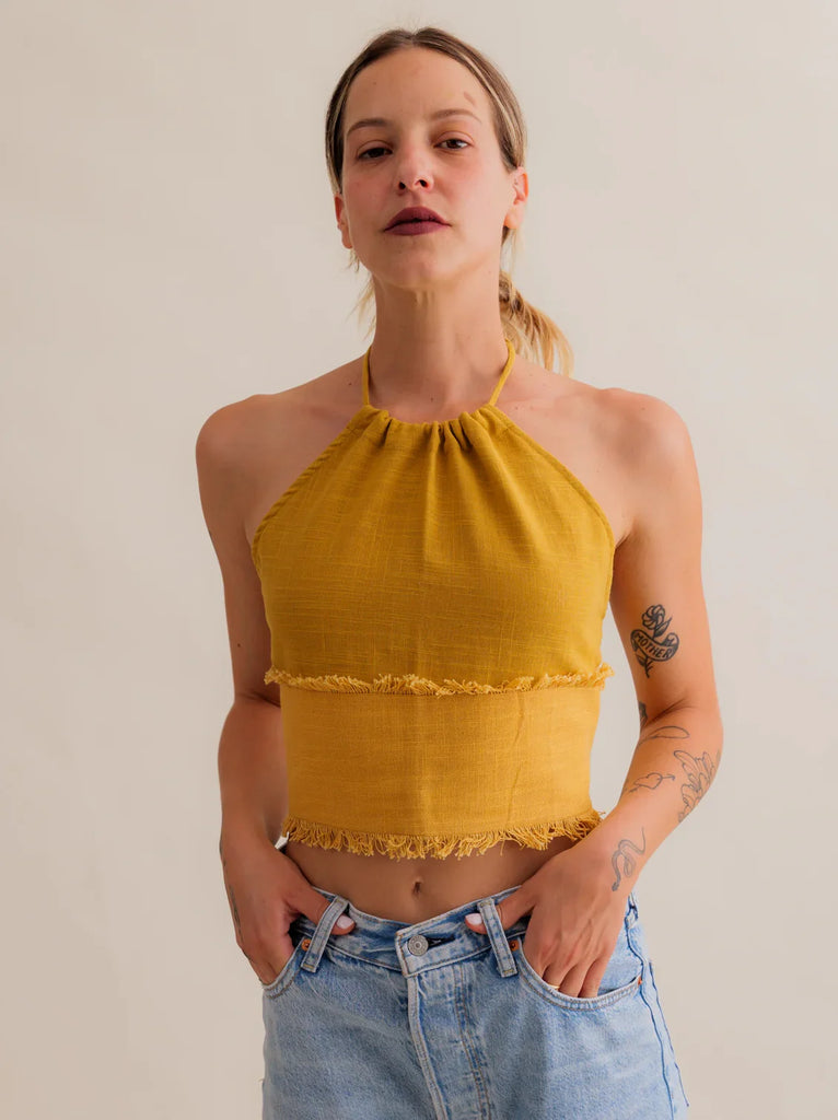 Amaya Top — Mustard yellow halter top on model — MYFASHIONFRUIT