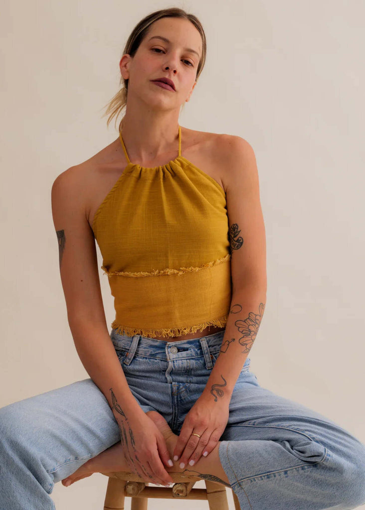 Amaya Top — Mustard halter top on model — MYFASHIONFRUIT