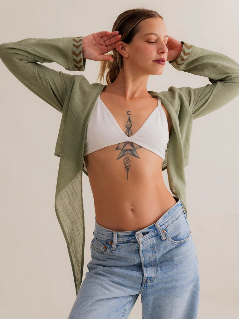 Zoe Wrap Top — Green wrap top, jeans on model — MYFASHIONFRUIT