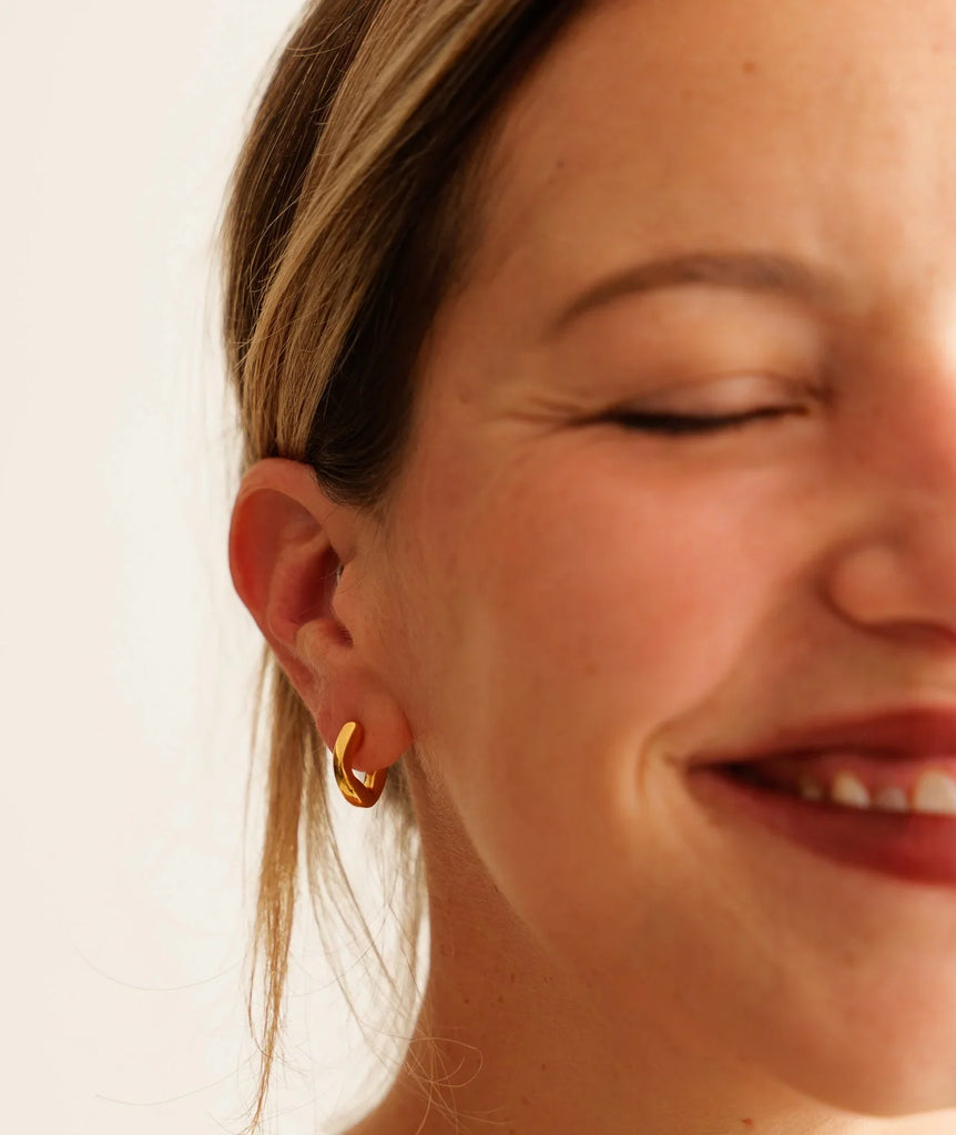 Hebe Hoops — Gold hoop earrings on model, detail — MYFASHIONFRUIT
