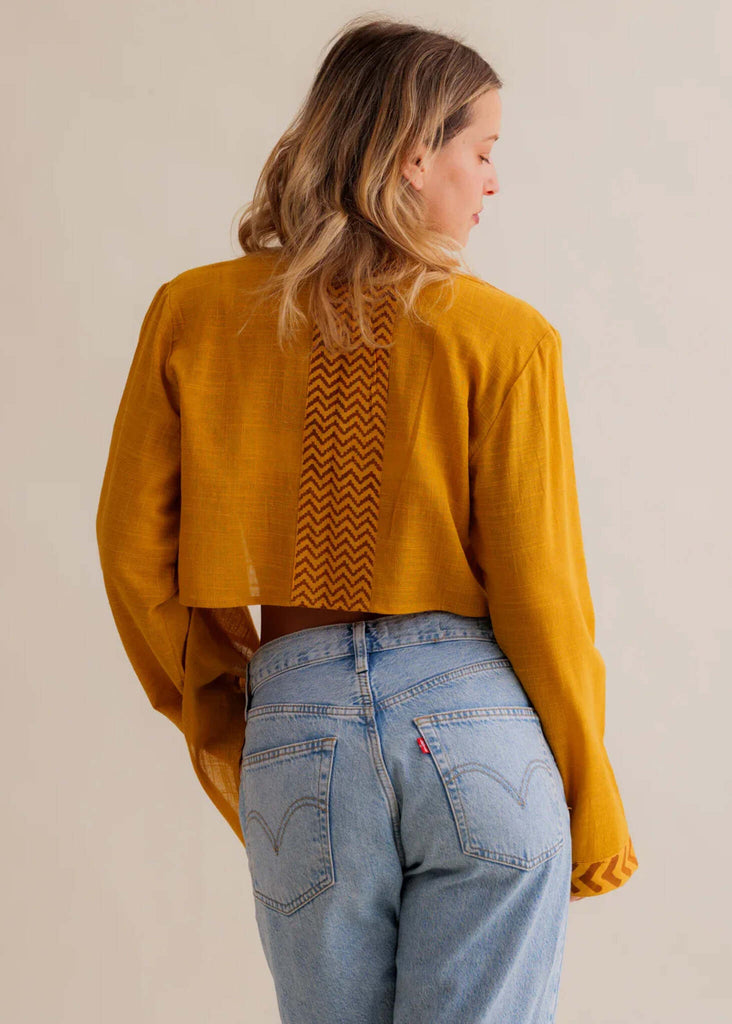 Zoe Wrap Top — Mustard yellow crop top, zig zag detail on model — MYFASHIONFRUIT