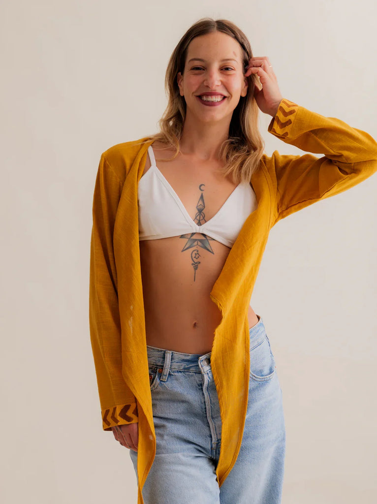 Zoe Wrap Top — Mustard yellow wrap top on model — MYFASHIONFRUIT