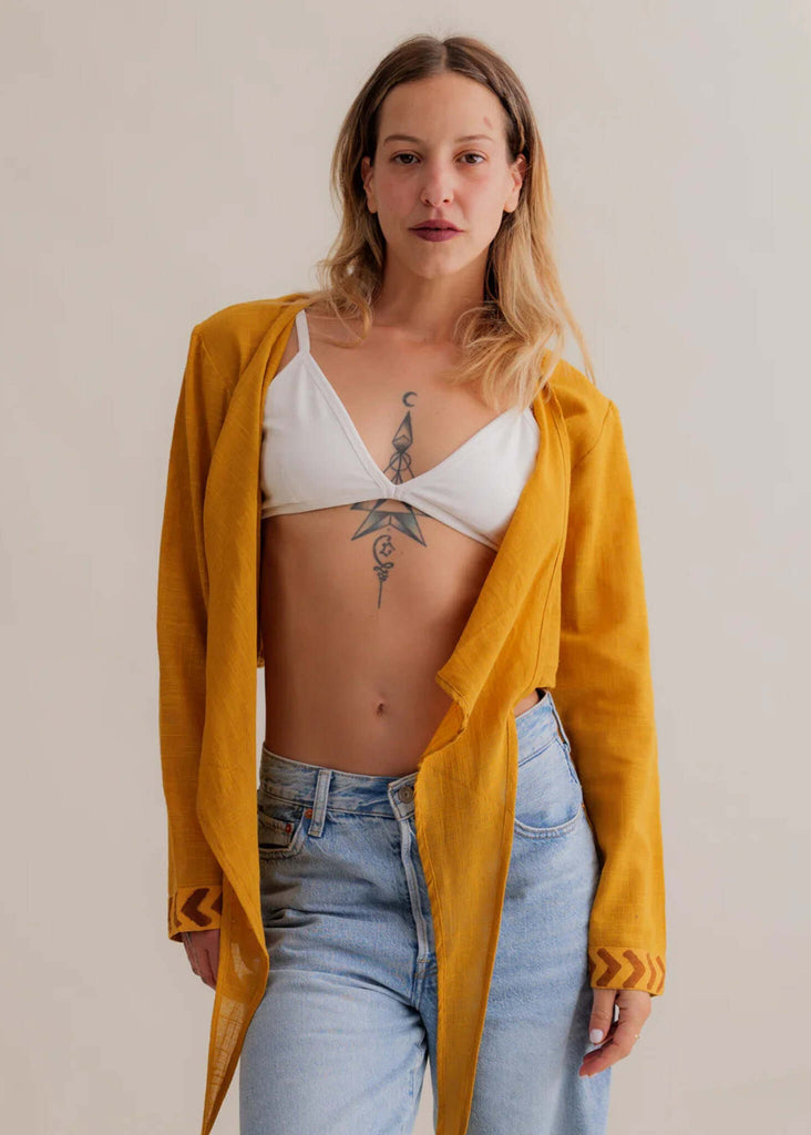 Zoe Wrap Top — Mustard yellow wrap top on model — MYFASHIONFRUIT