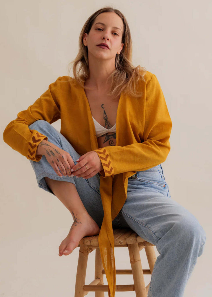 Zoe Wrap Top — Mustard yellow linen wrap top on model — MYFASHIONFRUIT