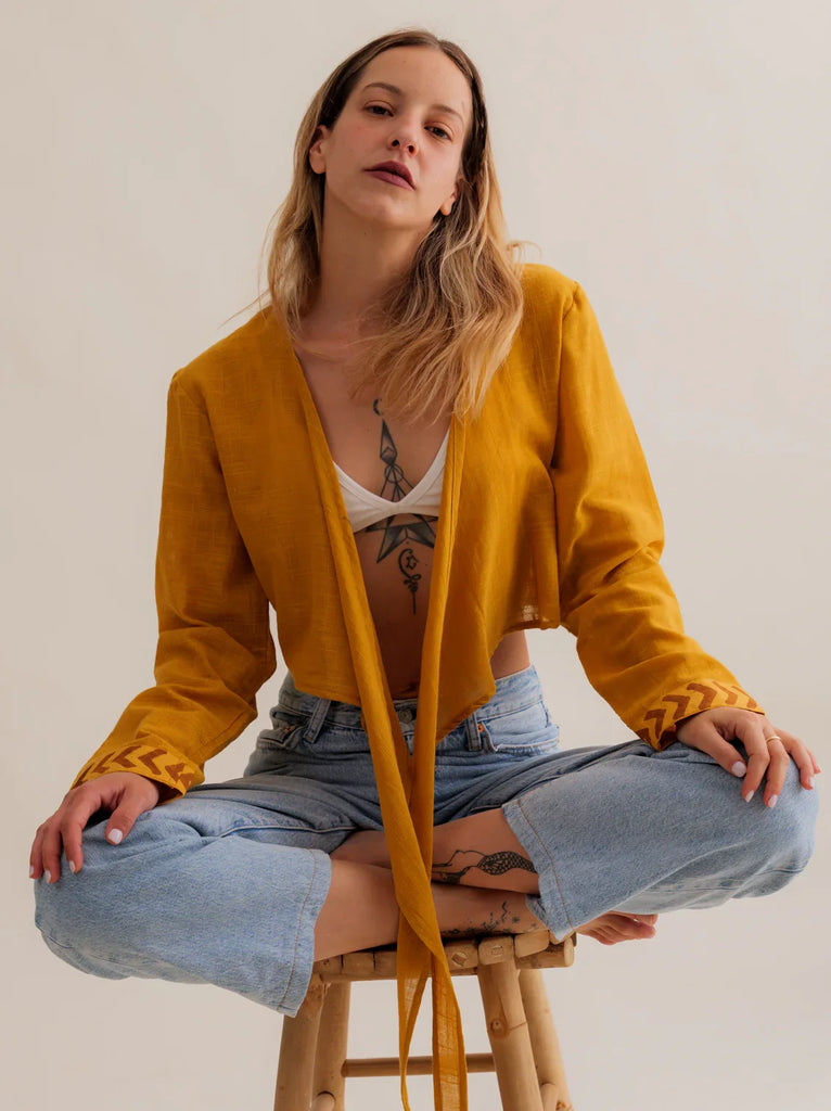 Zoe Wrap Top — Mustard yellow wrap top on model — MYFASHIONFRUIT