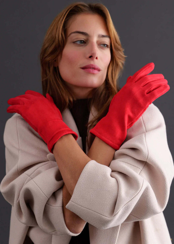 Marzanna Gloves — Red gloves on model with beige coat — MYFASHIONFRUIT