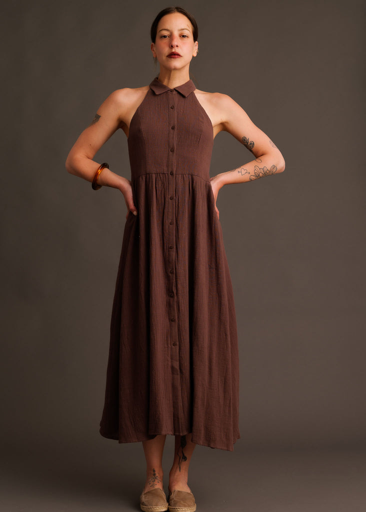 Bruna Dress — Brown midi dress on model — MYFASHIONFRUIT