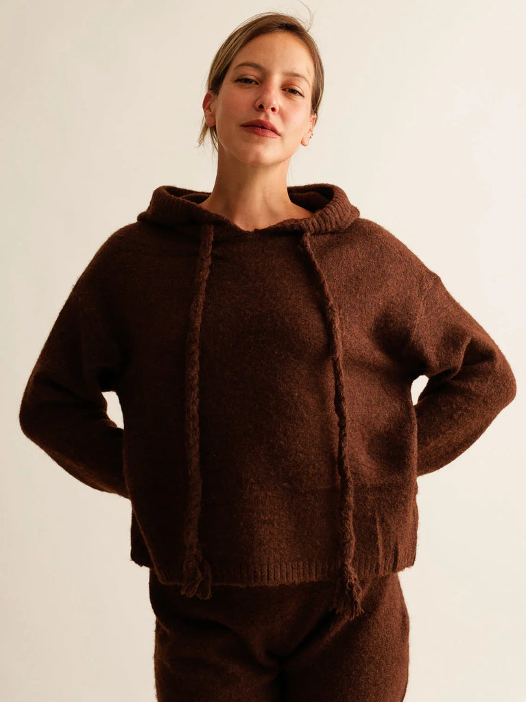 Myrtille Sweater — Brown knit hoodie on model — MYFASHIONFRUIT