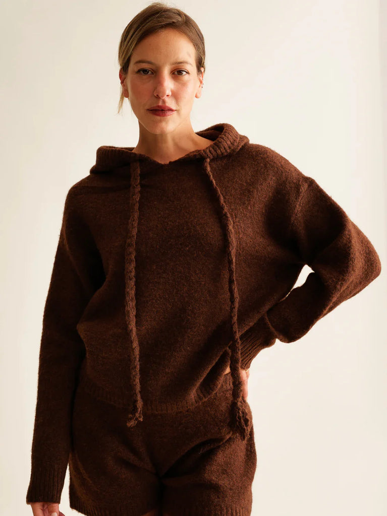 Myrtille Sweater — Brown knit hoodie on model — MYFASHIONFRUIT