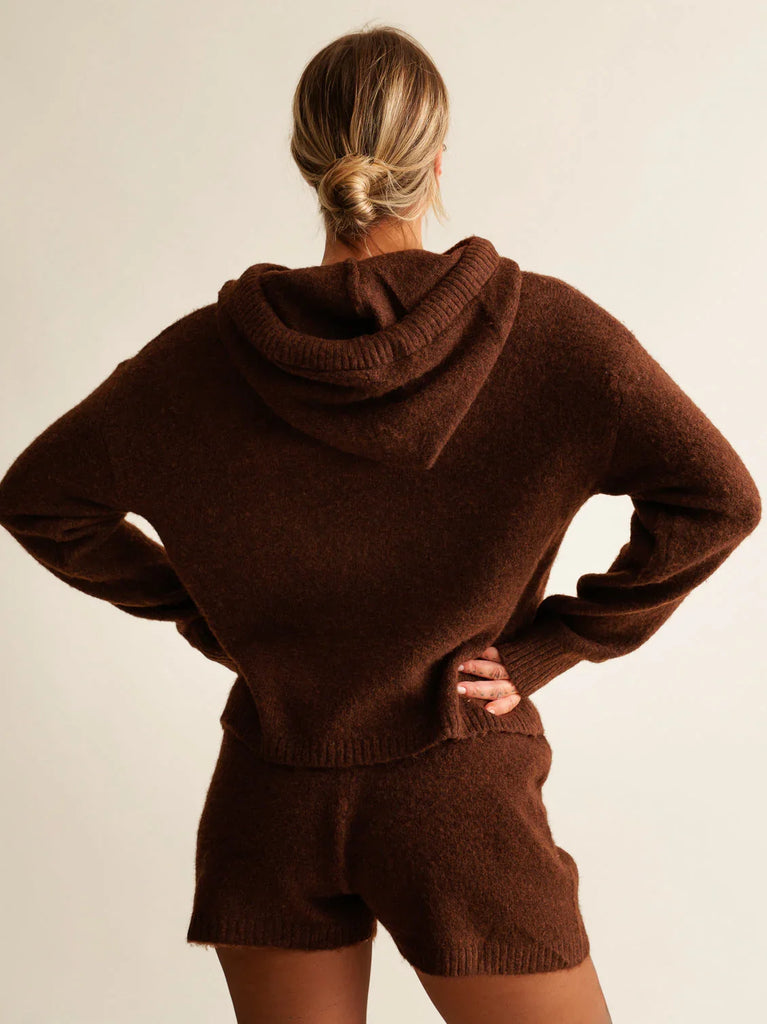 Myrtille Sweater — Brown knit hoodie and shorts on model, back view — MYFASHIONFRUIT