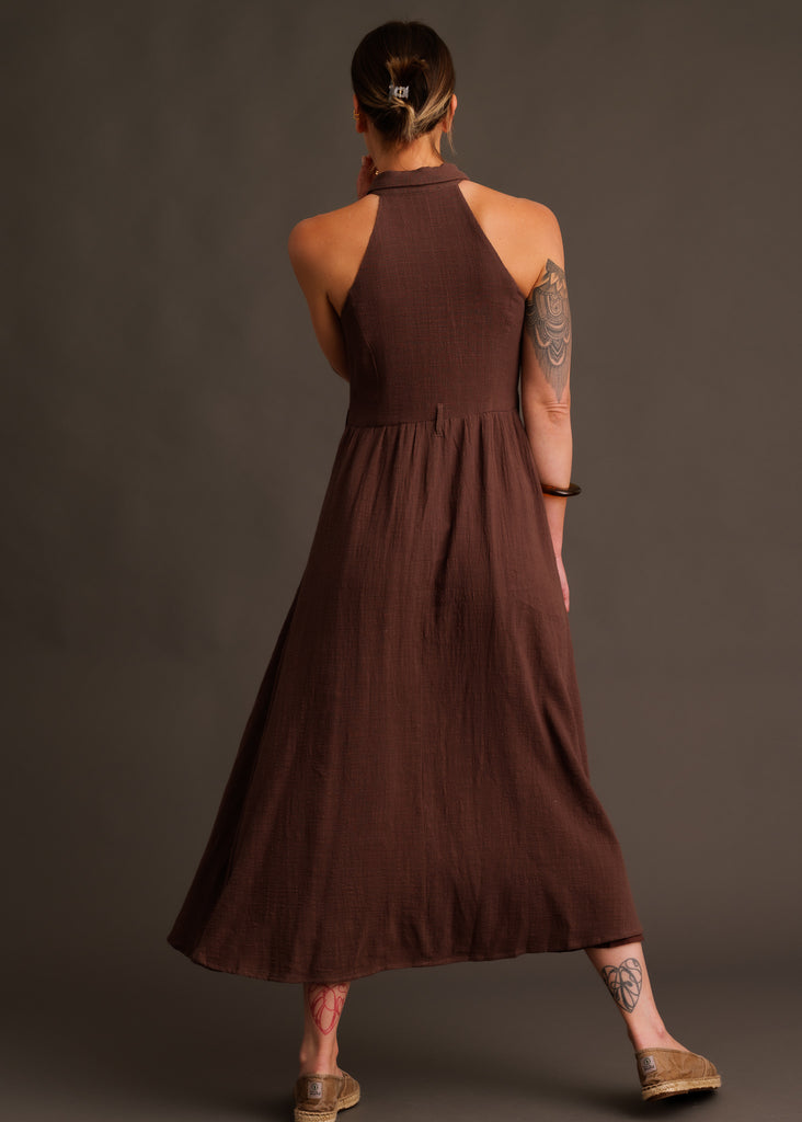 Bruna Dress — Brown halter dress on model, back view — MYFASHIONFRUIT