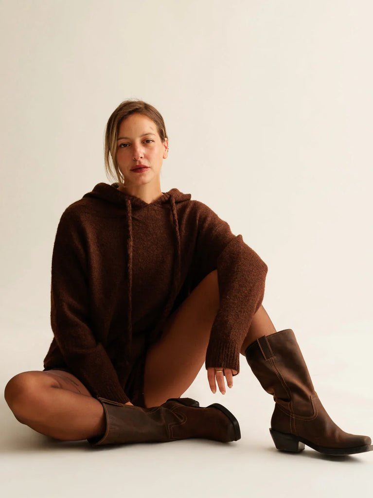 Myrtille Sweater — Brown knit hoodie on model with boots — MYFASHIONFRUIT