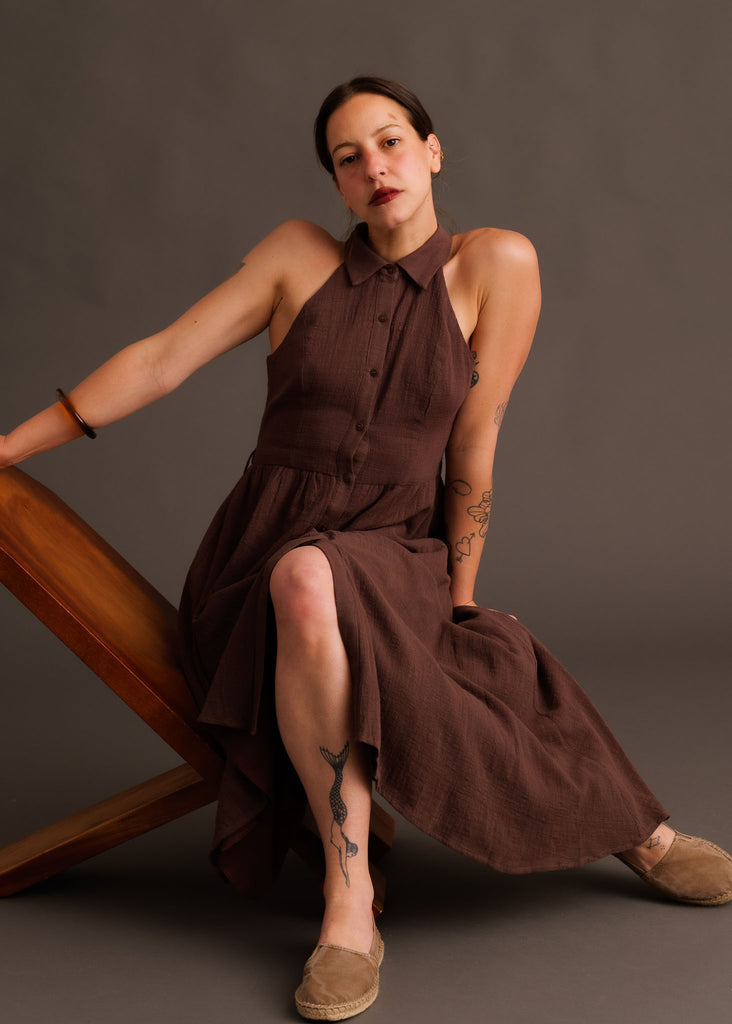 Bruna Dress — Brown halter dress on model — MYFASHIONFRUIT