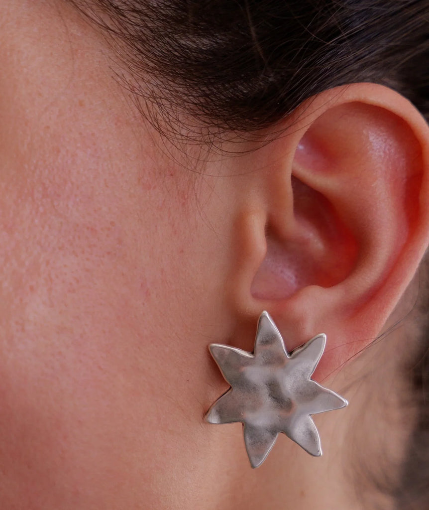 Raisa Earrings — Silver star earring on model, detail — MYFASHIONFRUIT