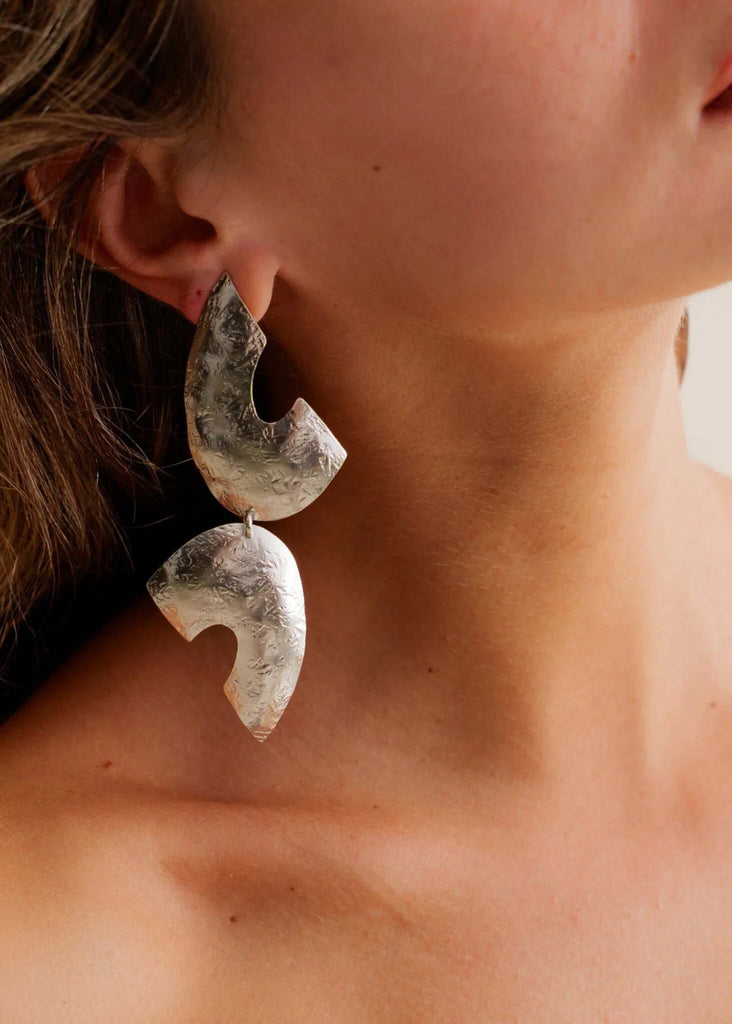 Riri Earrings — Silver statement earrings on model — MYFASHIONFRUIT
