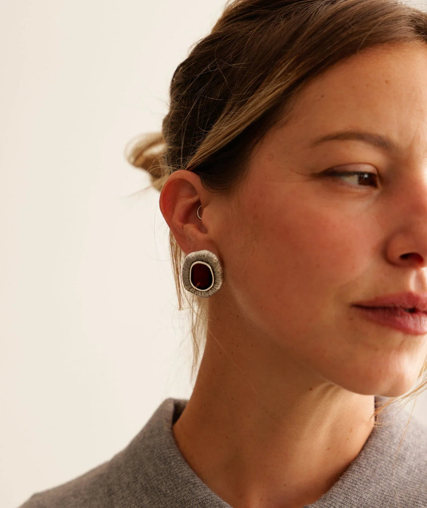 Zanyah Earrings — silver & burgundy on model — MYFASHIONFRUIT