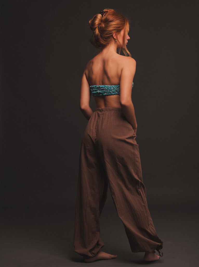 Almyra Pants — Brown linen pants on model, back view — MYFASHIONFRUIT