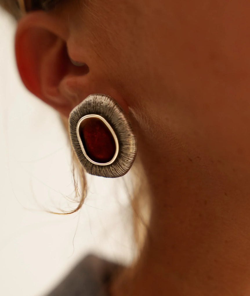 Zanyah Earrings — detail of red & silver earring on model — MYFASHIONFRUIT