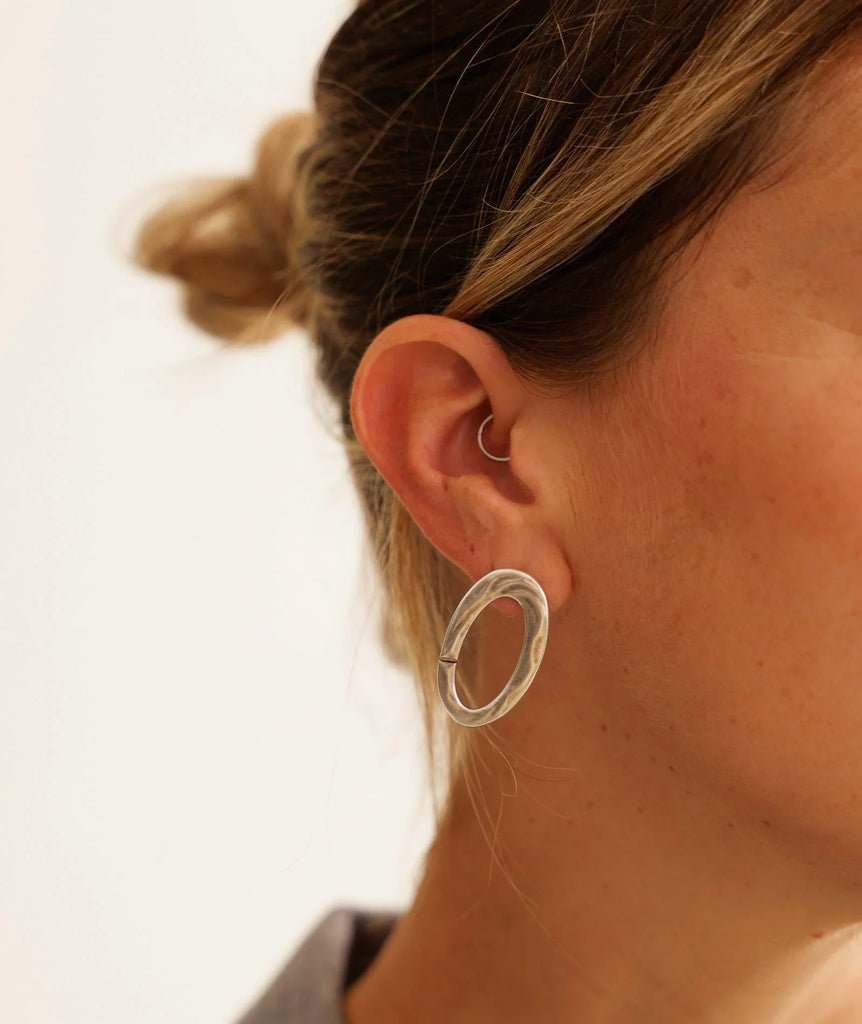 Kiah Earrings — Silver oval earring on model — MYFASHIONFRUIT